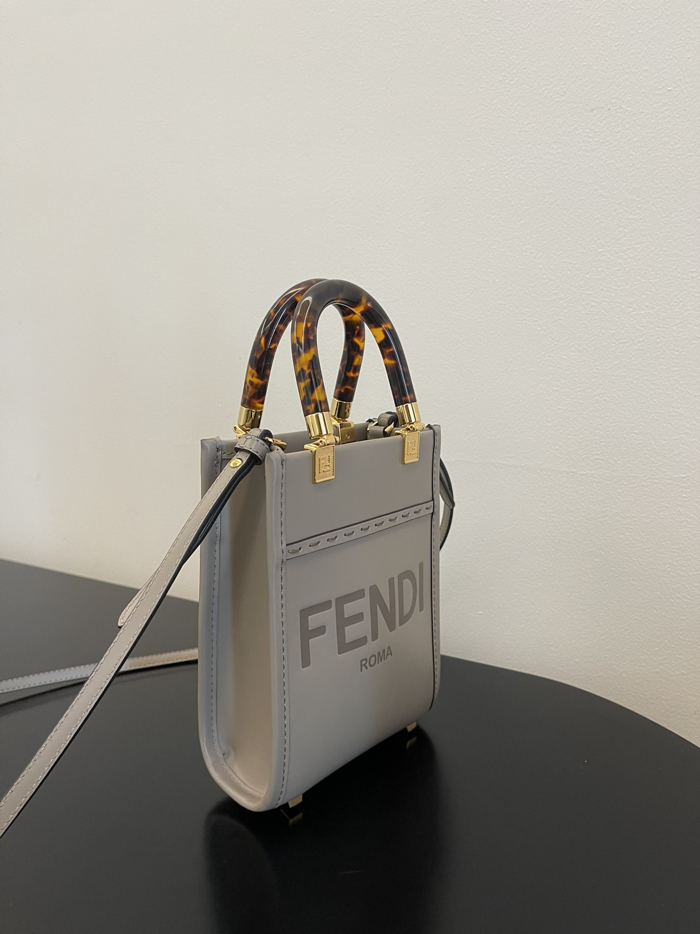 Fendi Mini Sunshine Shopper Grey Leather Bag